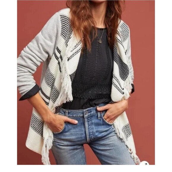 Dolan Sonia Left Coast Collection Fringe Open Cardigan Sweater M Cream Grey - Picture 1 of 12